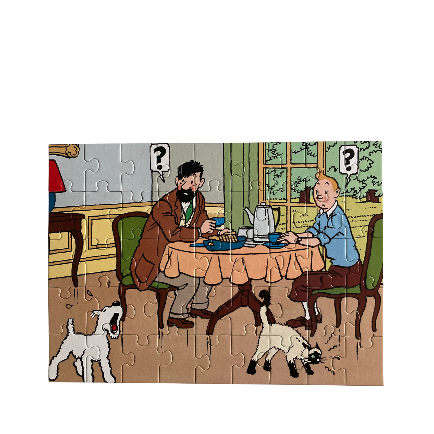 Puzzle Tintin Petit déjeuner à Moulinsart, image colorée montrant Tintin et ses amis autour d'un petit déjeuner.
