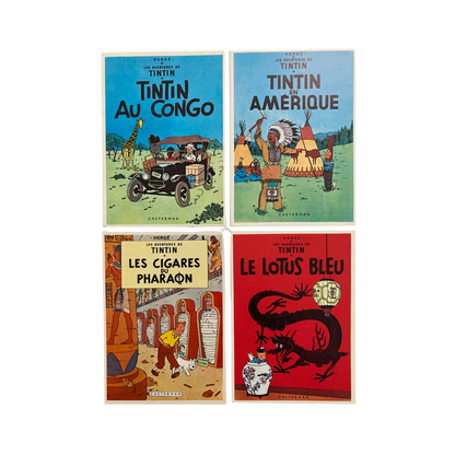 Douze cartes postales illustrant les couvertures des albums des aventures de Tintin, par Espace714, collection colorée.