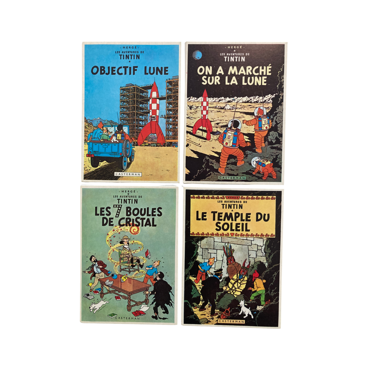 12 cartes postales illustrant les couvertures des albums des aventures de Tintin, collection Espace714, avec images colorées.