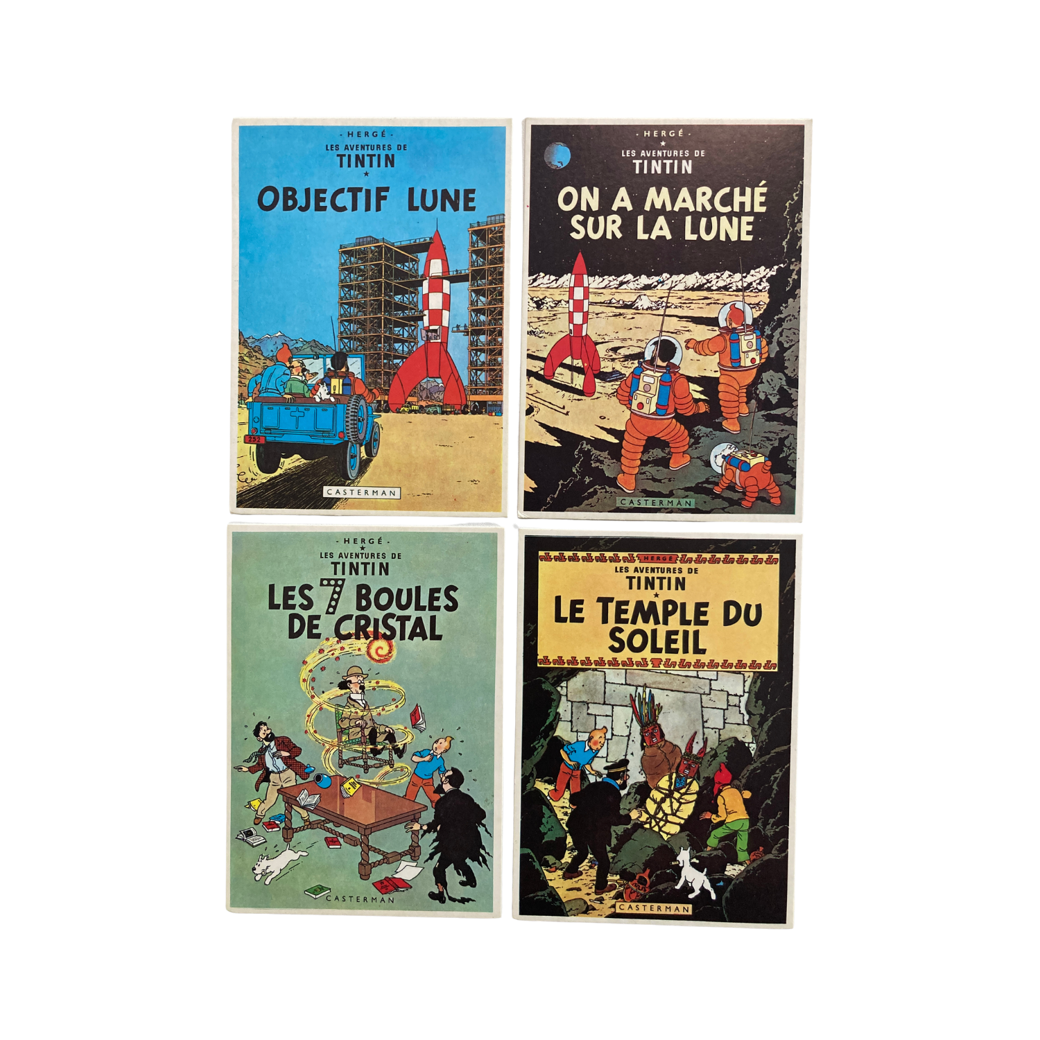 12 cartes postales illustrant les couvertures des albums des aventures de Tintin, collection Espace714, avec images colorées.