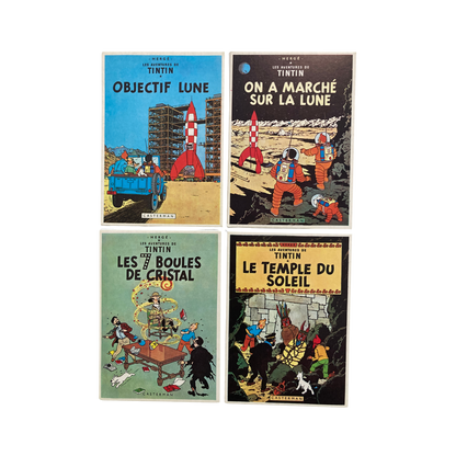 12 cartes postales illustrant les couvertures des albums des aventures de Tintin, collection Espace714, avec images colorées.