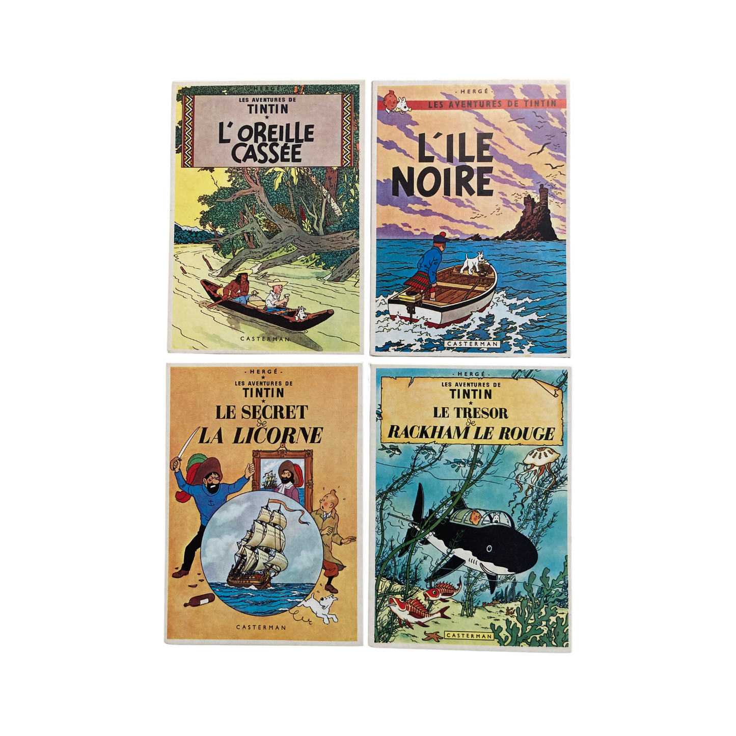 12 cartes postales illustrées des couvertures des albums des aventures de Tintin, collection Espace714, images colorées et détaillées.