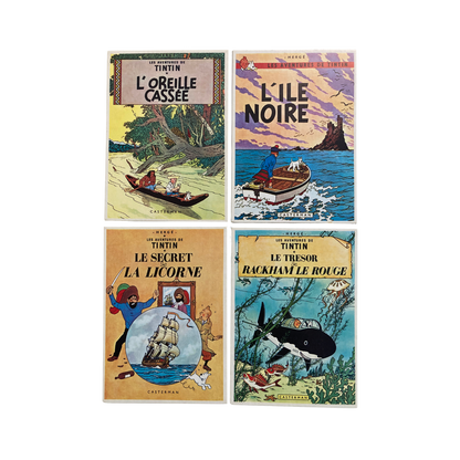 12 cartes postales illustrées des couvertures des albums des aventures de Tintin, collection Espace714, images colorées et détaillées.
