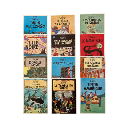 12 cartes postales illustrées des couvertures des albums des Aventures de Tintin, collection Espace714, format standard.