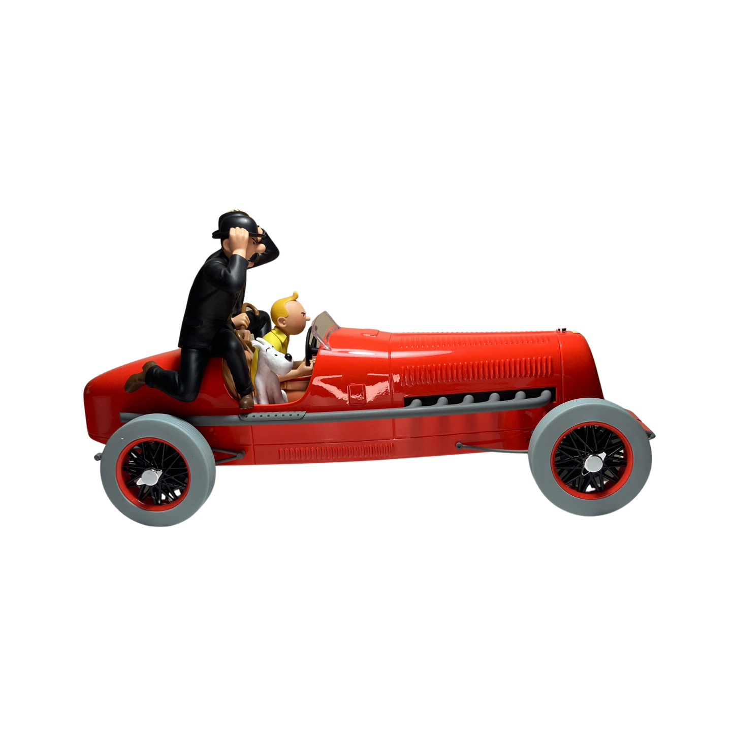 Illustration de Tintin, les Dupondt et le Bolide rouge, artwork coloré de la bande dessinée d'Hergé sur fond blanc.