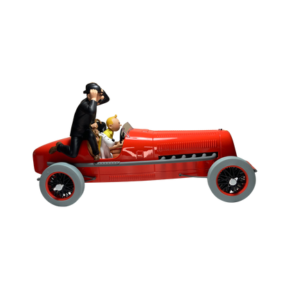Illustration de Tintin, les Dupondt et le Bolide rouge, artwork coloré de la bande dessinée d'Hergé sur fond blanc.