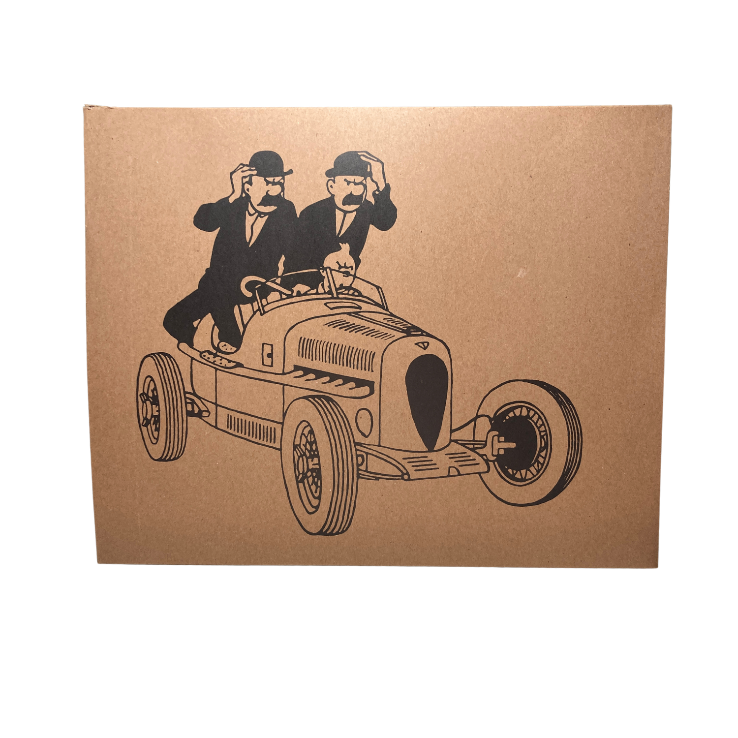 Image d'une scène de Tintin avec les Dupondt et le Bolide rouge, illustration colorée dans le style de la bande dessinée.