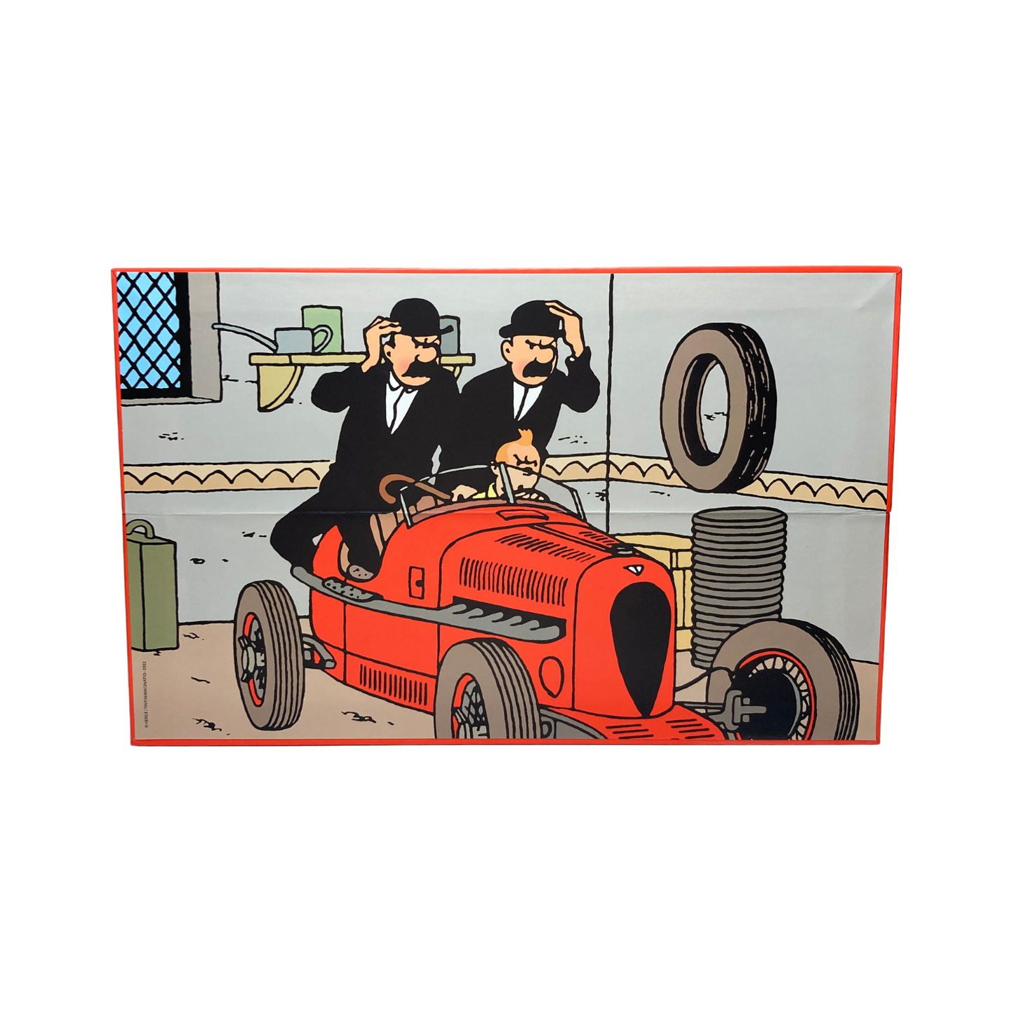 Image de Tintin, les Dupondt et le bolide rouge, illustration colorée de la bande dessinée, par Espace714.