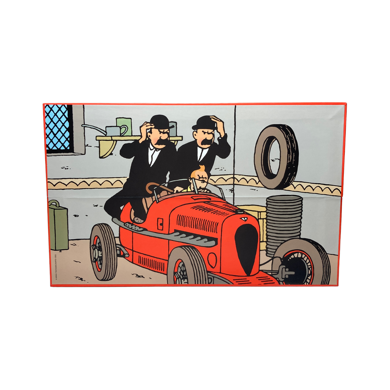 Image de Tintin, les Dupondt et le bolide rouge, illustration colorée de la bande dessinée, par Espace714.