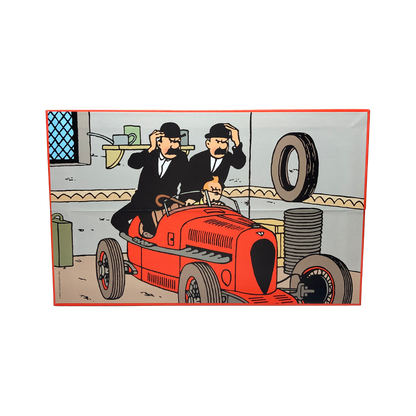 Image de Tintin, les Dupondt et le bolide rouge, illustration colorée de la bande dessinée, par Espace714.