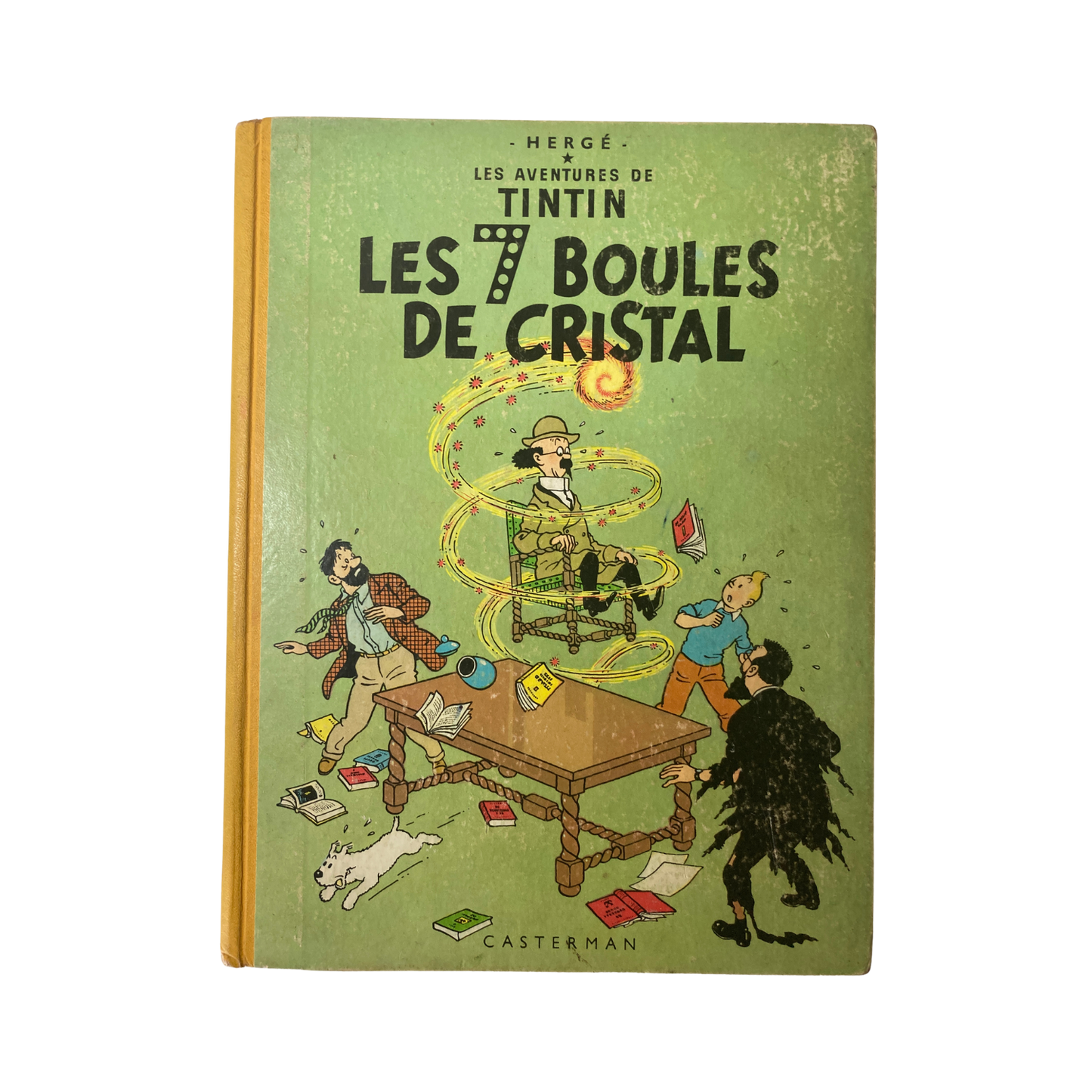 Page de couverture du livre "Les Aventures de Tintin: Les 7 boules de cristal" d'Hergé, édition Espace714, illustrée avec Tintin et le professeur.