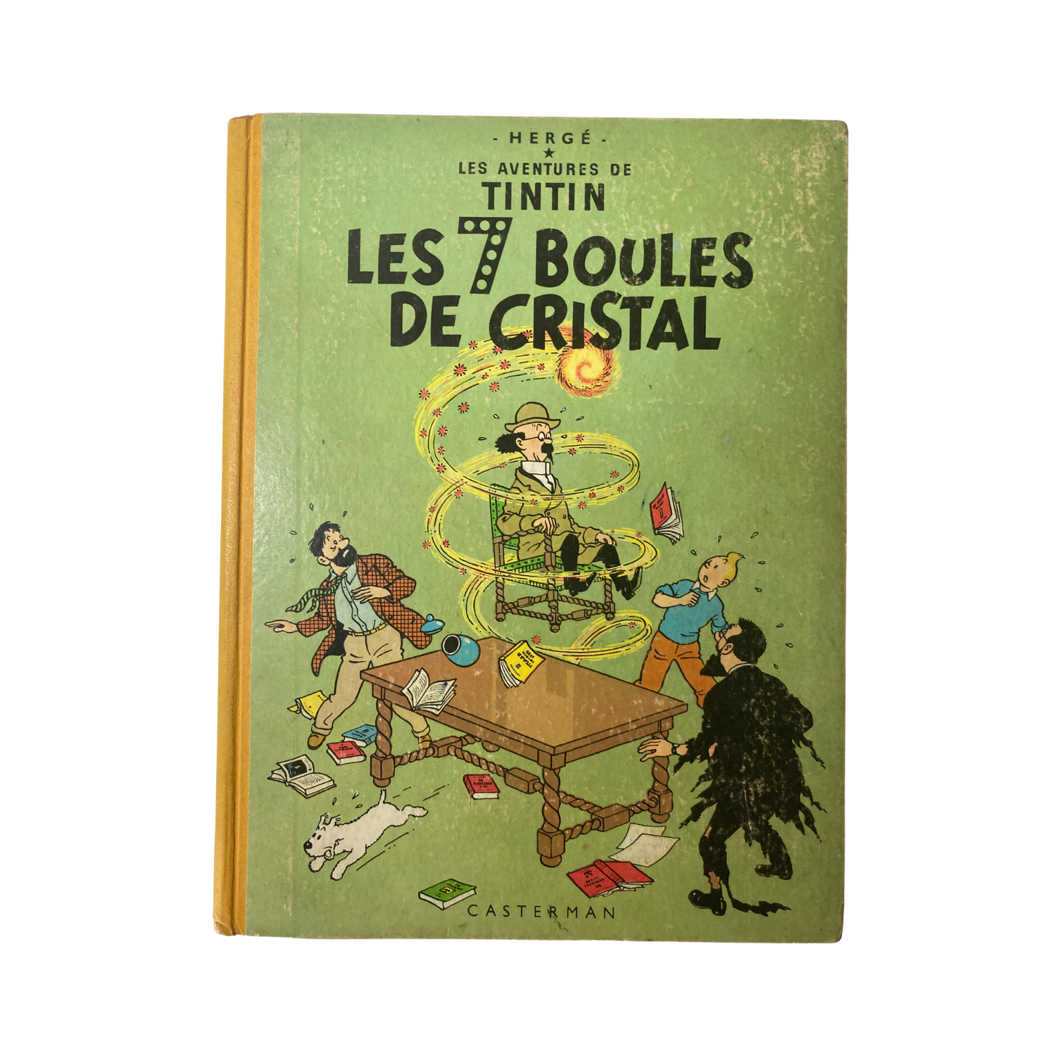 Page de couverture du livre "Les Aventures de Tintin: Les 7 boules de cristal" d'Hergé, édition Espace714, illustrée avec Tintin et le professeur.