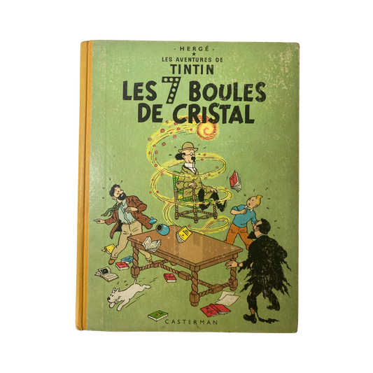 Page de couverture du livre "Les Aventures de Tintin: Les 7 boules de cristal" d'Hergé, édition Espace714, illustrée avec Tintin et le professeur.