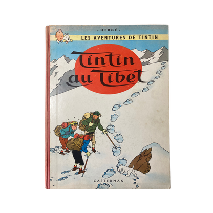 Page du livre "Les Aventures de Tintin : Tintin au Tibet" d'Hergé, illustration colorée montrant Tintin et Milou.
