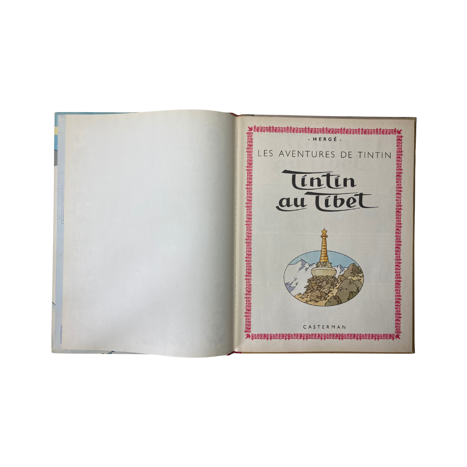 Livre Les Aventures de Tintin par Hergé, Tintin au Tibet, couverture illustrée, édition Espace714, style bande dessinée colorée