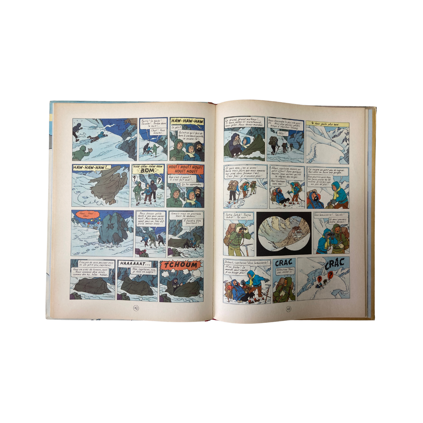Illustration du livre "Les Aventures de Tintin par Hergé - Tintin au Tibet" avec couverture colorée et détails artistiques.