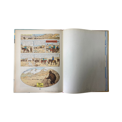 Page de couverture du livre Tintin au Tibet par Hergé, illustrée dans une image colorée et détaillée.