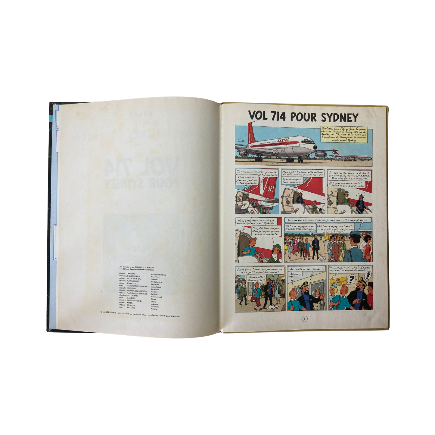 Page de couverture du livre Les Aventures de Tintin par Hergé, volume 714 pour Sydney, édition Espace714, illustrée avec Tintin et le avion.