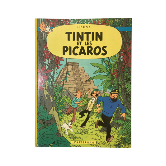 Page de couverture du livre "Les Aventures de Tintin par Hergé - Tintin et les Picaros" avec illustration colorée.