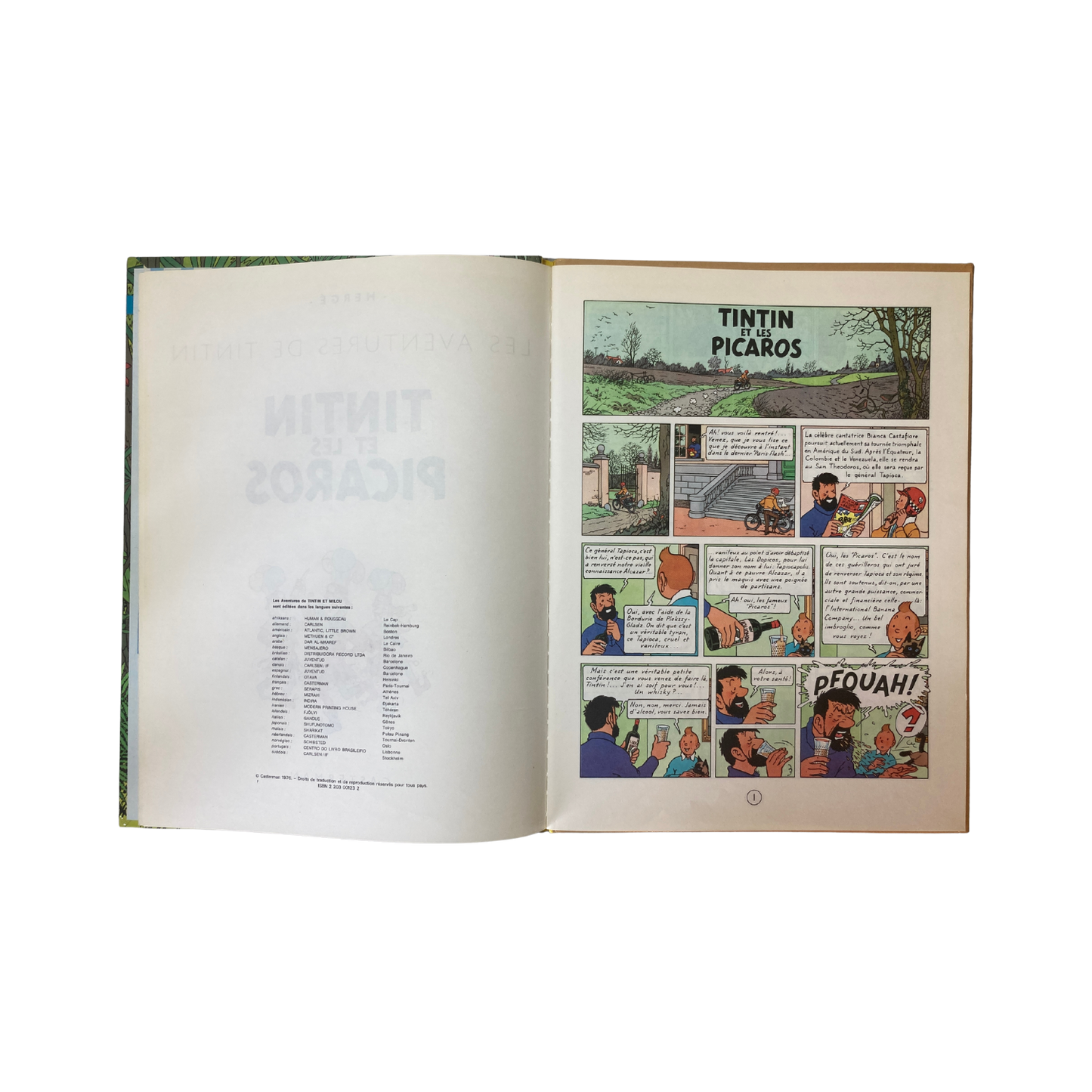 Page de couverture du livre "Les Aventures de Tintin par Hergé : Tintin et les Picaros" avec illustration colorée.