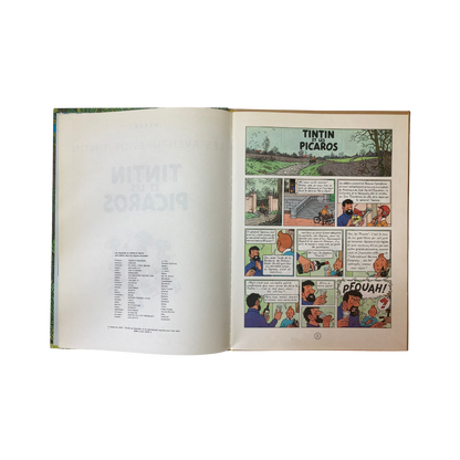 Page de couverture du livre "Les Aventures de Tintin par Hergé : Tintin et les Picaros" avec illustration colorée.