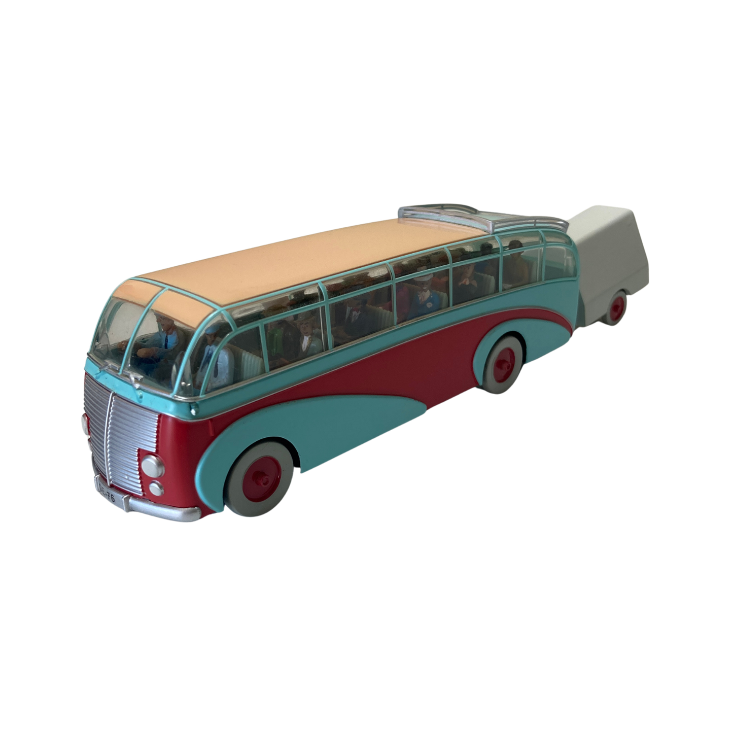 Autobus Swissair Espace714, modèle en plastique avec détails colorés, vu de côté sur fond blanc.