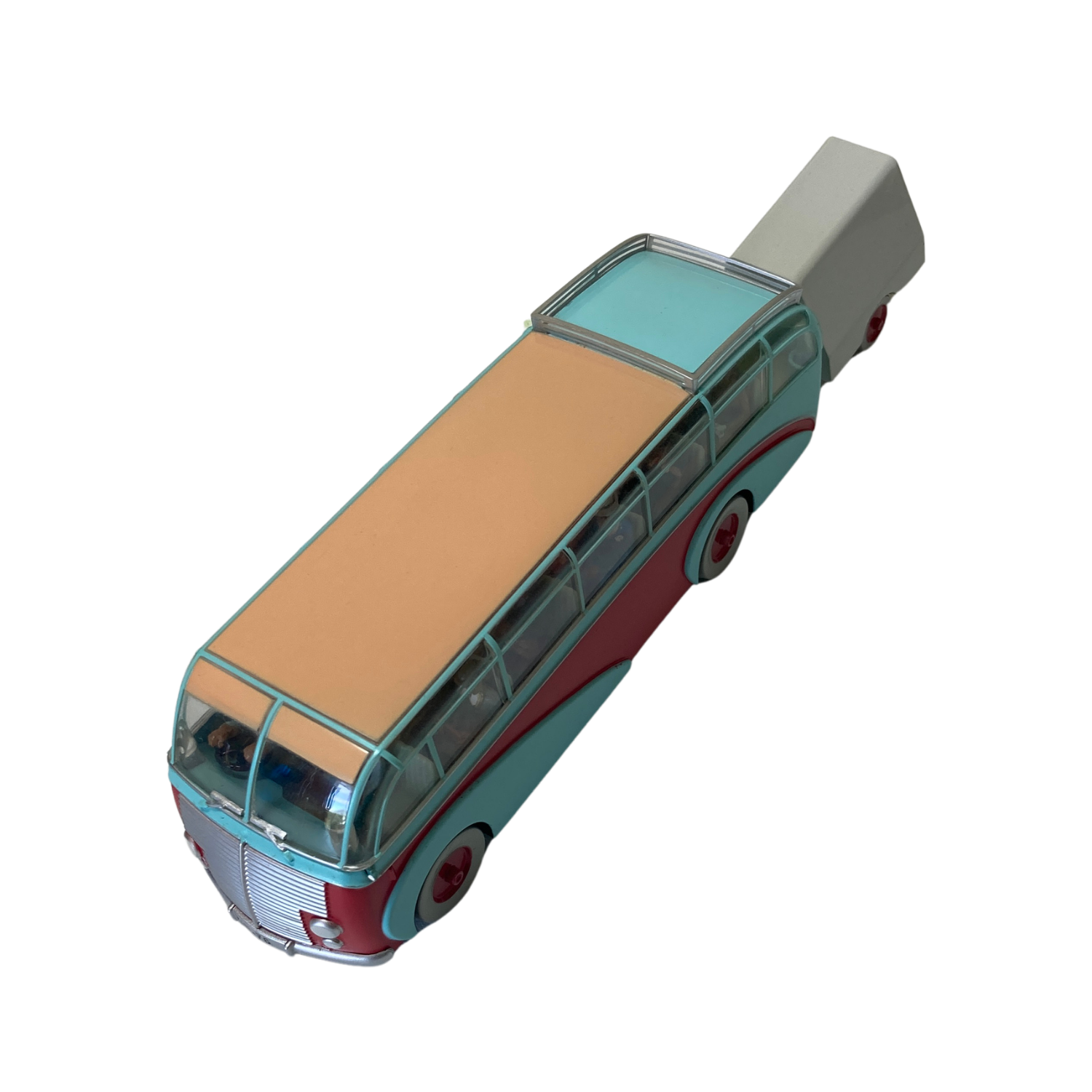 Bus Swissair Espace714, modèle miniature rouge et blanc, avec détails précis, vue de face sur fond neutre.