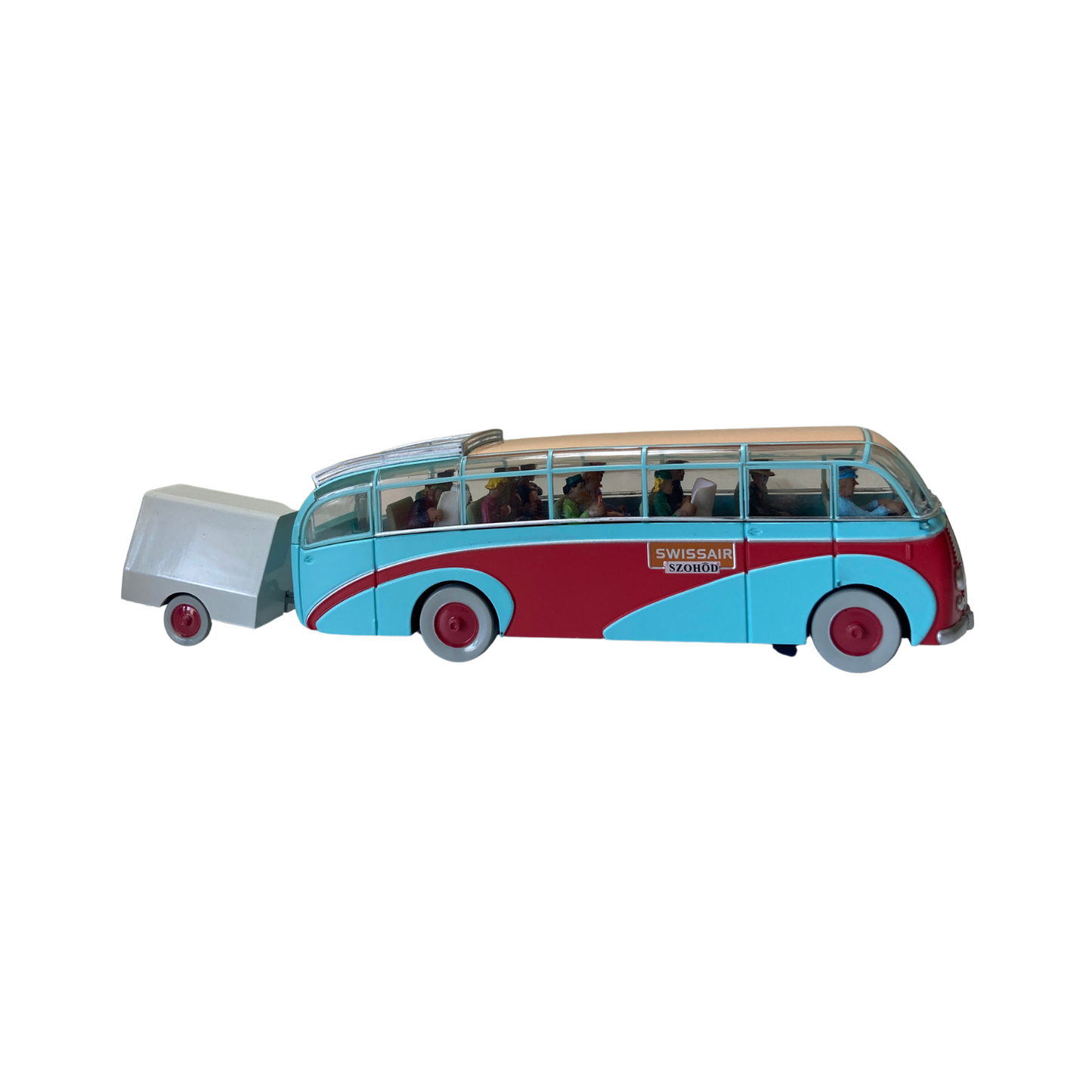 Bus Swissair Espace714, modèle automobile vintage en couleur blanche avec logo Swissair, vu de côté.