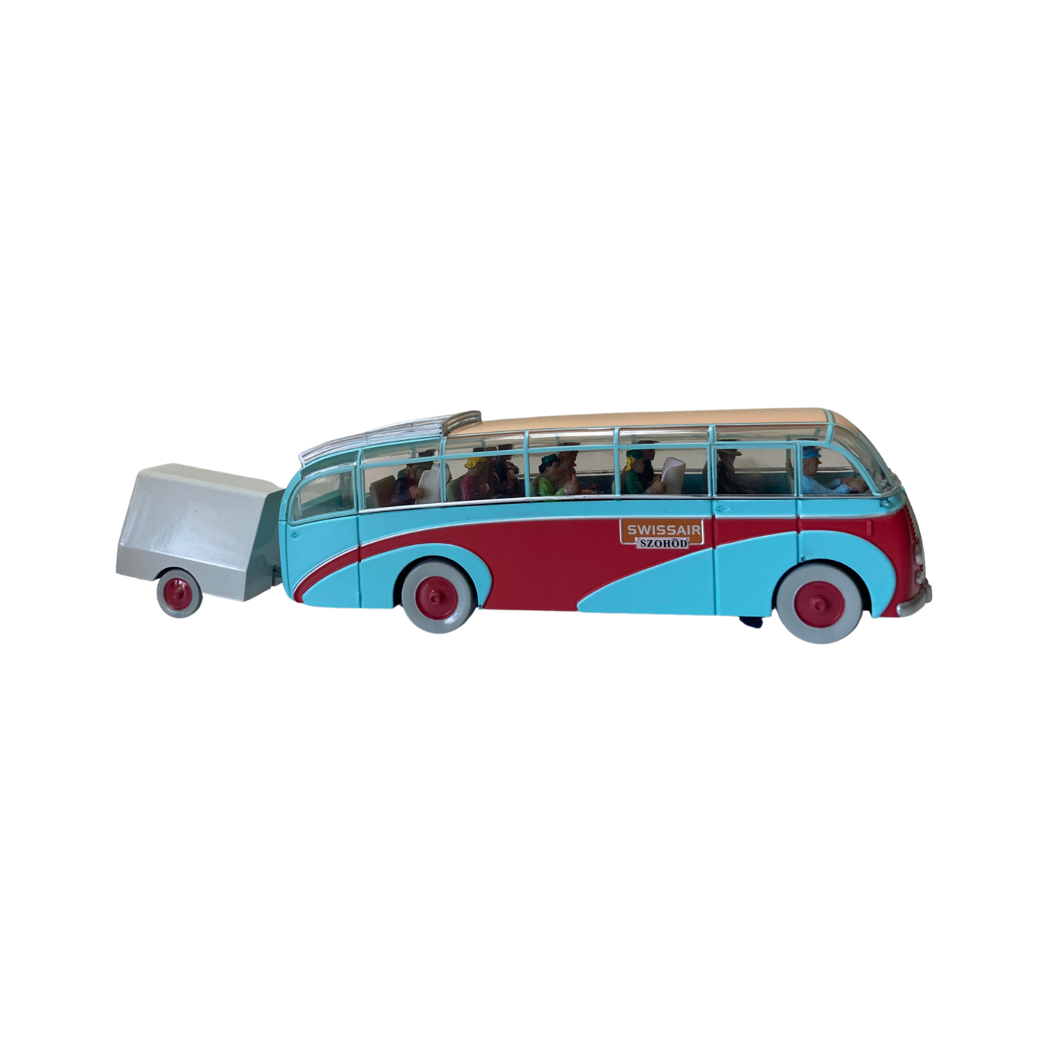 Bus Swissair Espace714, modèle automobile vintage en couleur blanche avec logo Swissair, vu de côté.