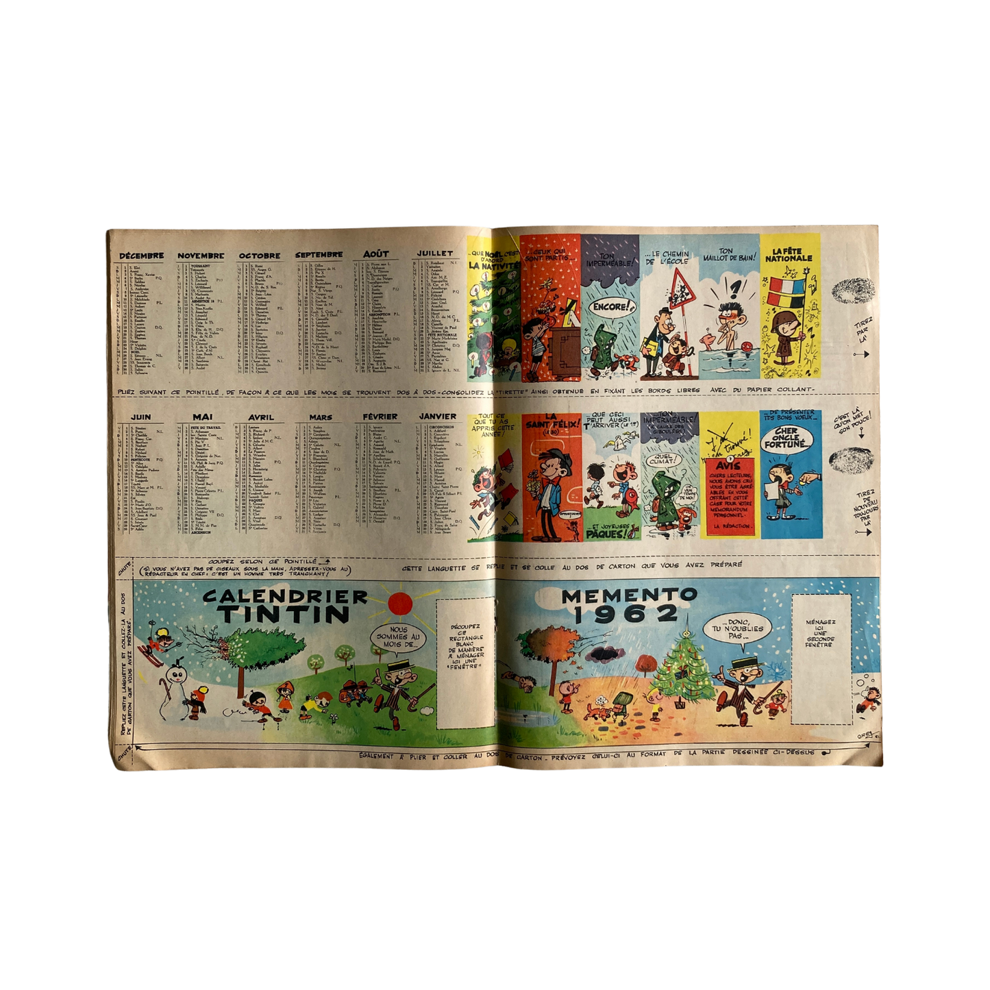 Calendrier 1962 Espace714 avec pages illustrées et dates, affiché à plat sur fond blanc.