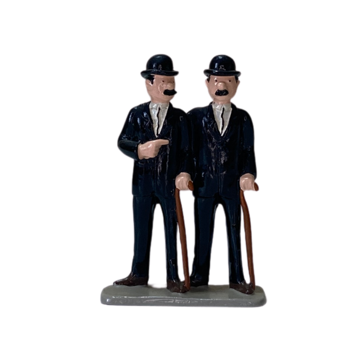 Figurines de Dupont et Dupond, personnages de bande dessinée, de la marque Espace714, en position debout avec détails colorés