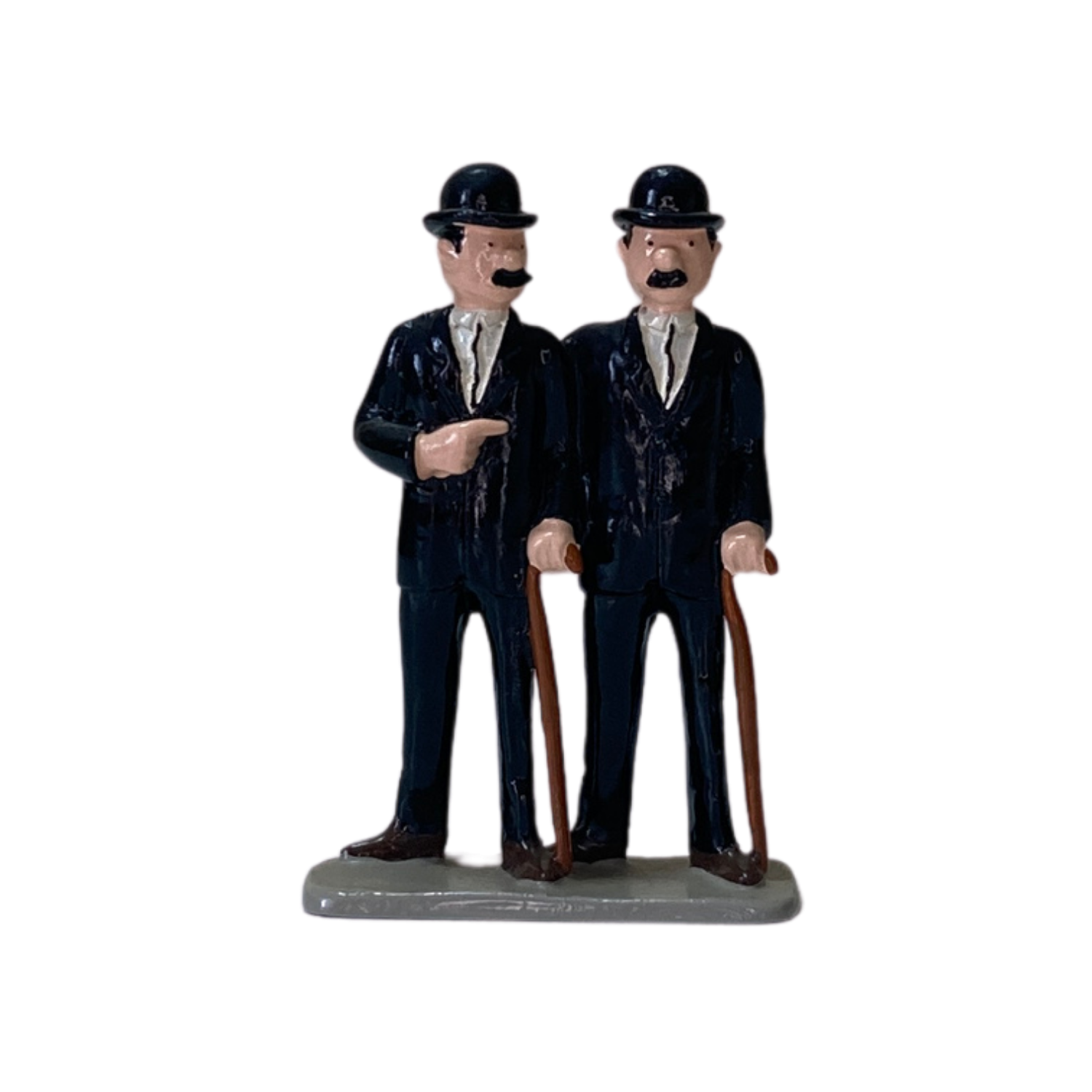 Figurines de Dupont et Dupond, personnages de bande dessinée, de la marque Espace714, en position debout avec détails colorés