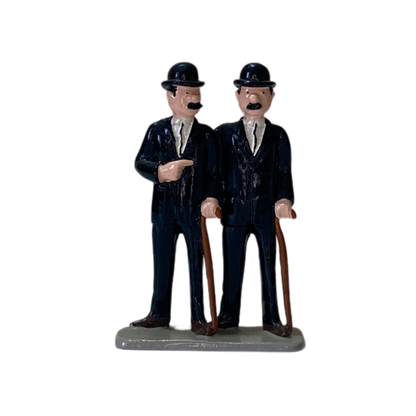 Figurines de Dupont et Dupond, personnages de bande dessinée, de la marque Espace714, en position debout avec détails colorés