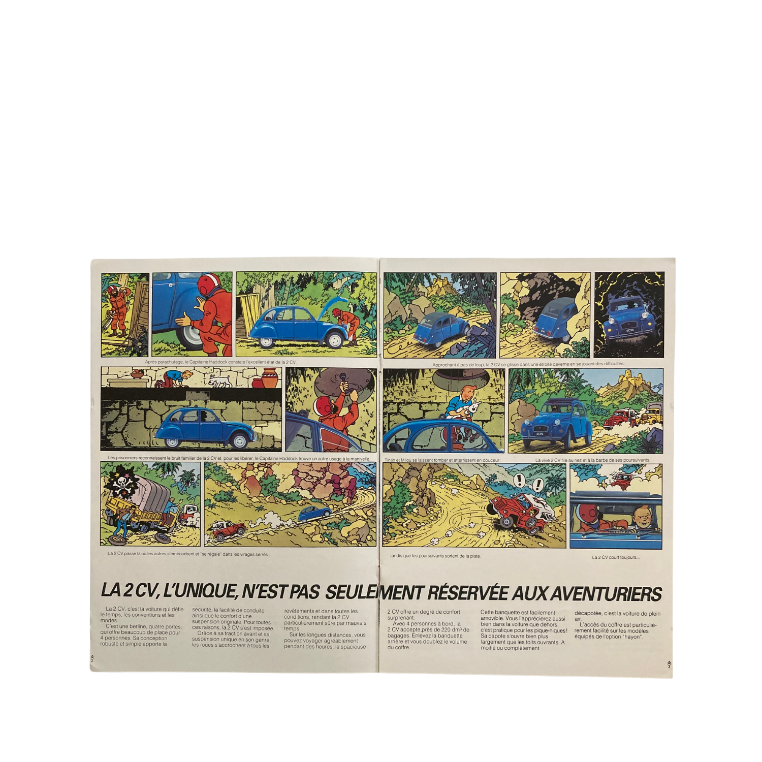 Affiche publicitaire Tintin et Citroën, illustrant Les aventures de la 2 CV, réalisée par Hergé en 1985.