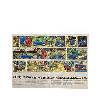 Affiche publicitaire Tintin et Citroën, illustrant Les aventures de la 2 CV, réalisée par Hergé en 1985.
