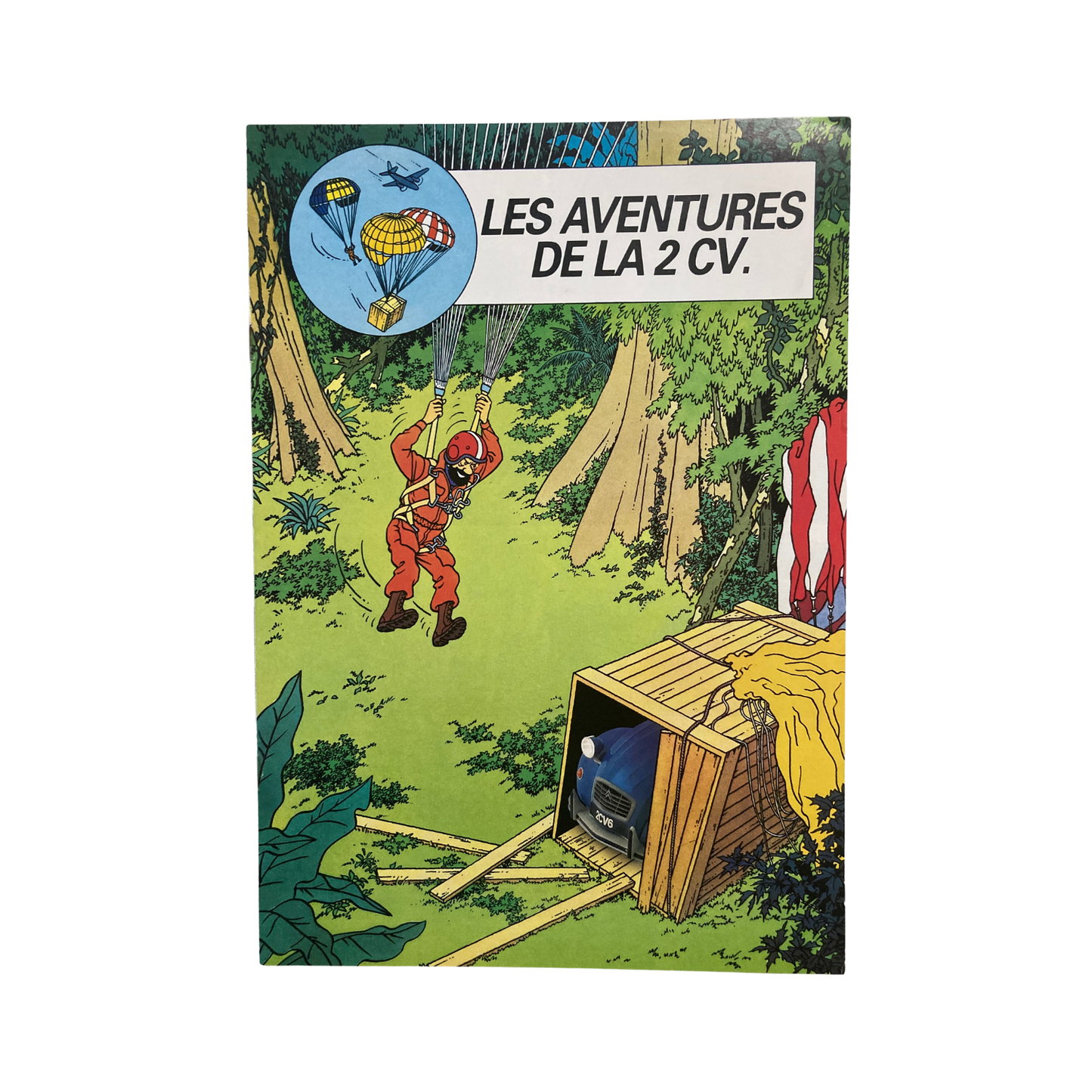 Affiche publicitaire de Tintin par Hergé pour Citroën 2 CV, illustrant les aventures de Tintin en 1985, par Espace714.