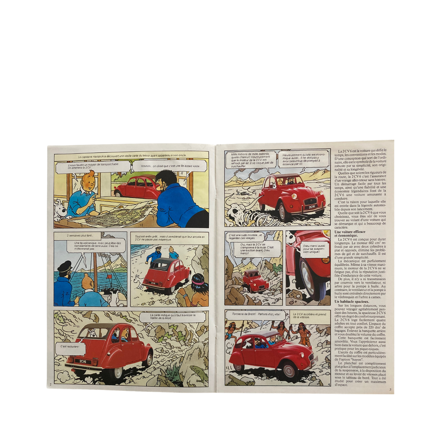 Affiche publicitaire de Tintin de Hergé pour Citroën, illustrant la 2 CV et la grotte hantée, datant de 1988.