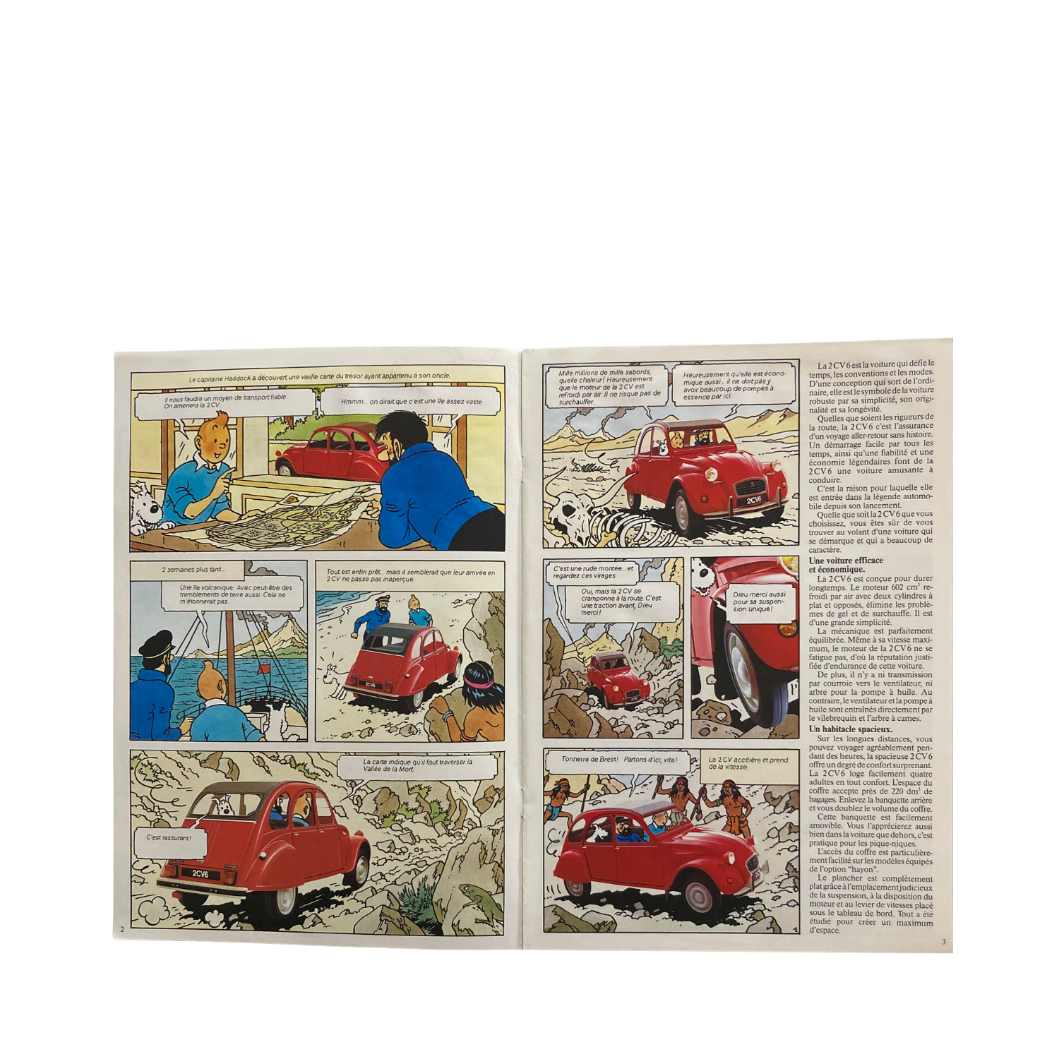 Affiche publicitaire de Tintin de Hergé pour Citroën, illustrant la 2 CV et la grotte hantée, datant de 1988.