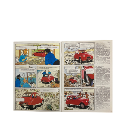 Affiche publicitaire de Tintin de Hergé pour Citroën, illustrant la 2 CV et la grotte hantée, datant de 1988.
