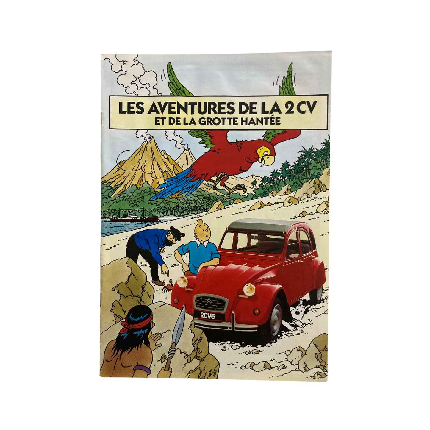 Affiche publicitaire de Tintin et la 2 CV Citroën, illustrant une scène des aventures de 1988, par Hergé.