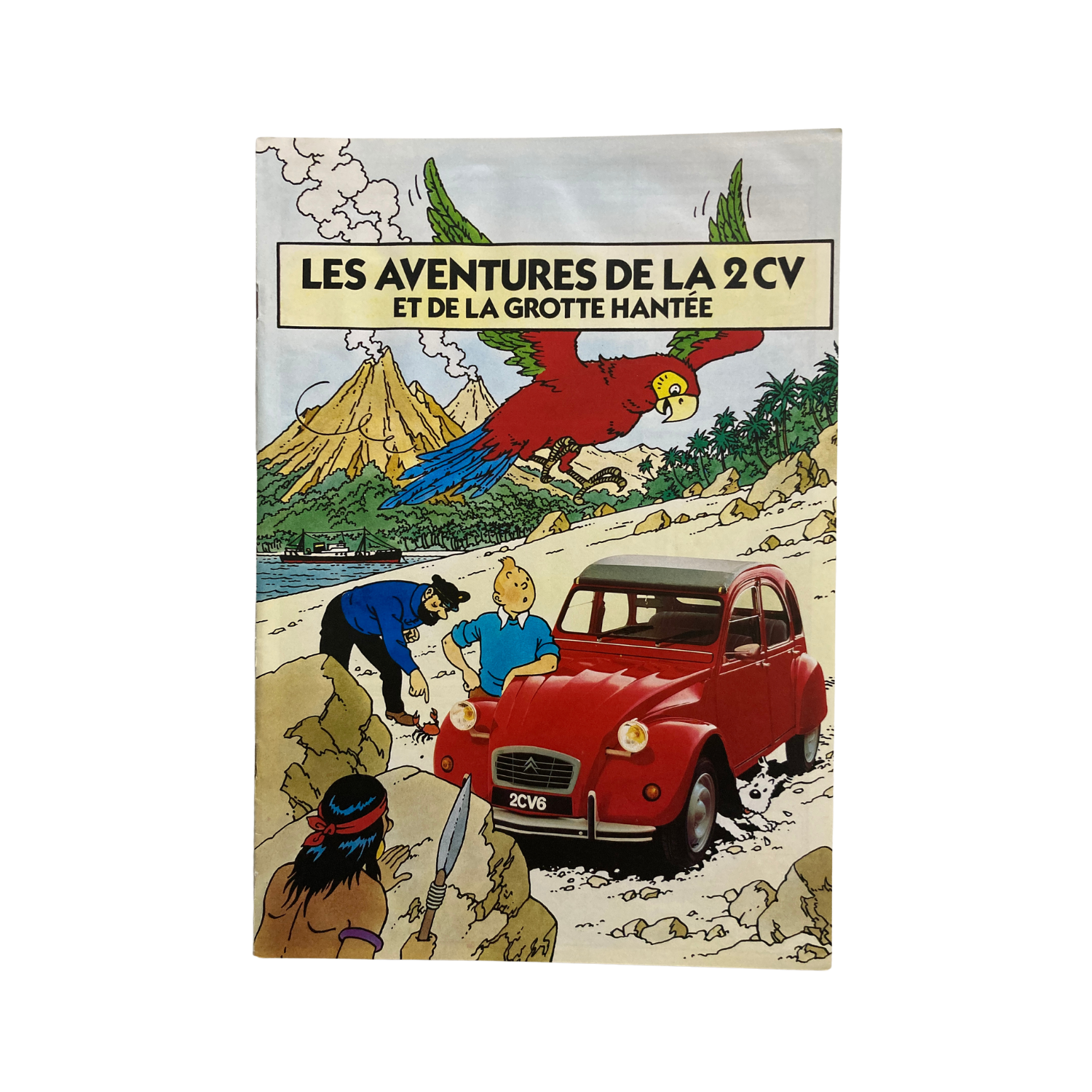 Affiche publicitaire de Tintin et la 2 CV Citroën, illustrant une scène des aventures de 1988, par Hergé.