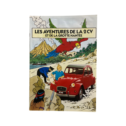 Affiche publicitaire de Tintin et la 2 CV Citroën, illustrant une scène des aventures de 1988, par Hergé.