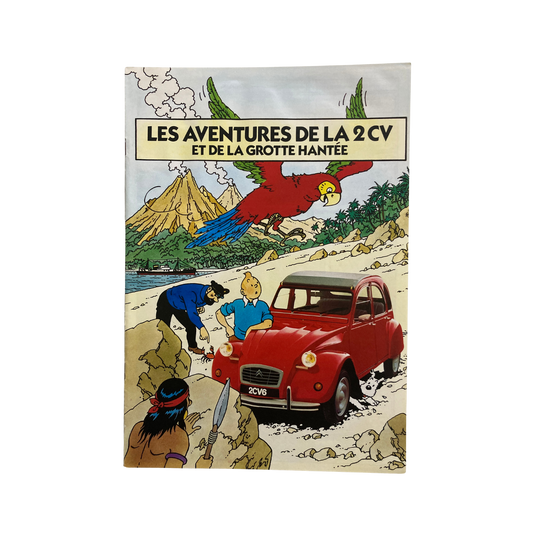 Affiche publicitaire de Tintin et la 2 CV Citroën, illustrant une scène des aventures de 1988, par Hergé.