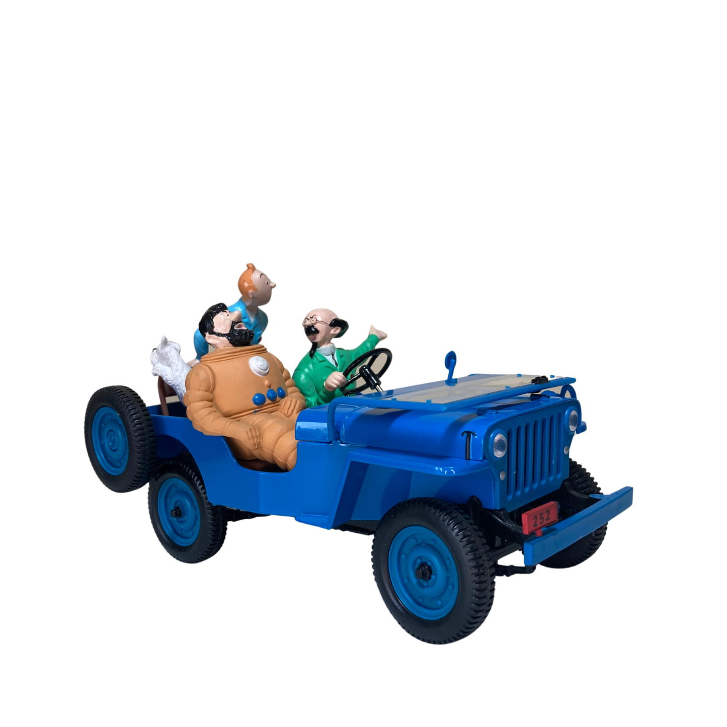 Jeep bleue Espace714, vue de côté, avec roues visibles et design robuste, sur fond blanc.