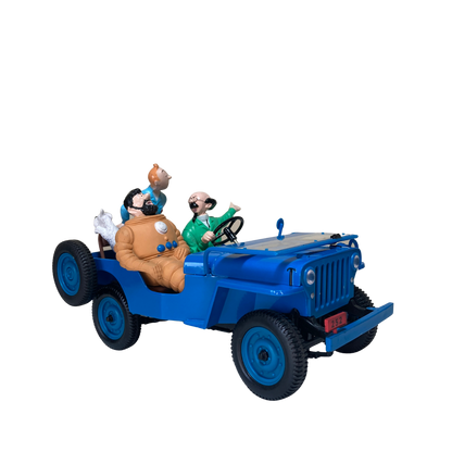 Jeep bleue Espace714, vue de côté, avec roues visibles et design robuste, sur fond blanc.