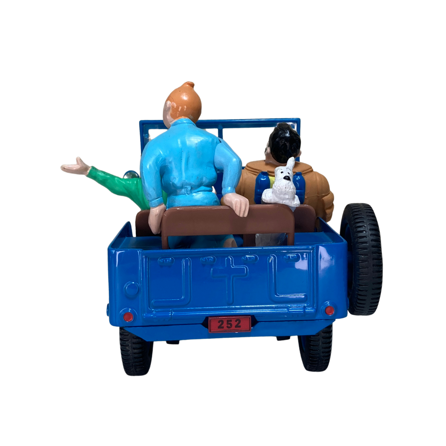 Jeep bleue Espace714 avec détails visibles, vue de face montrant la carrosserie et les roues du véhicule.