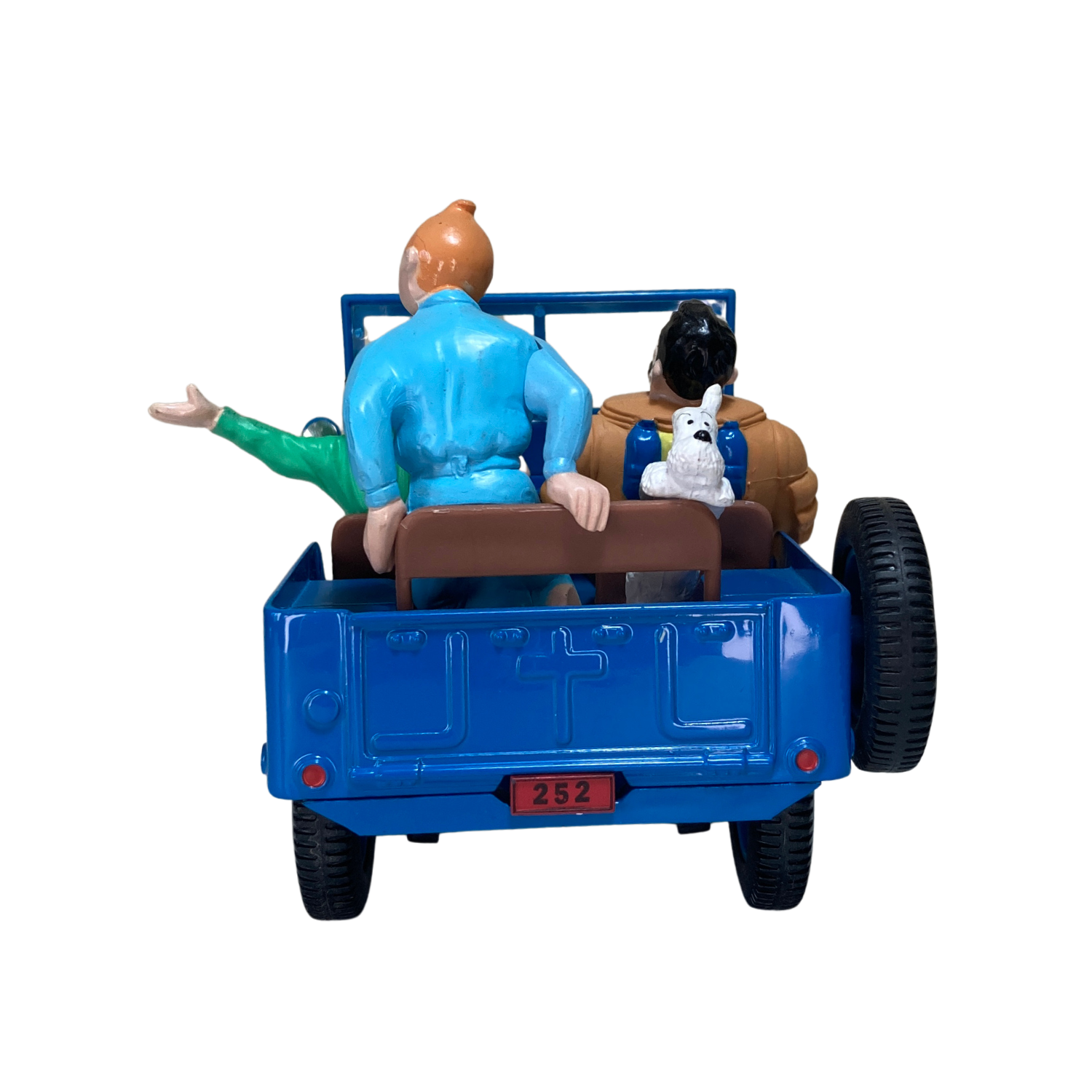 Jeep bleue Espace714 avec détails visibles, vue de face montrant la carrosserie et les roues du véhicule.