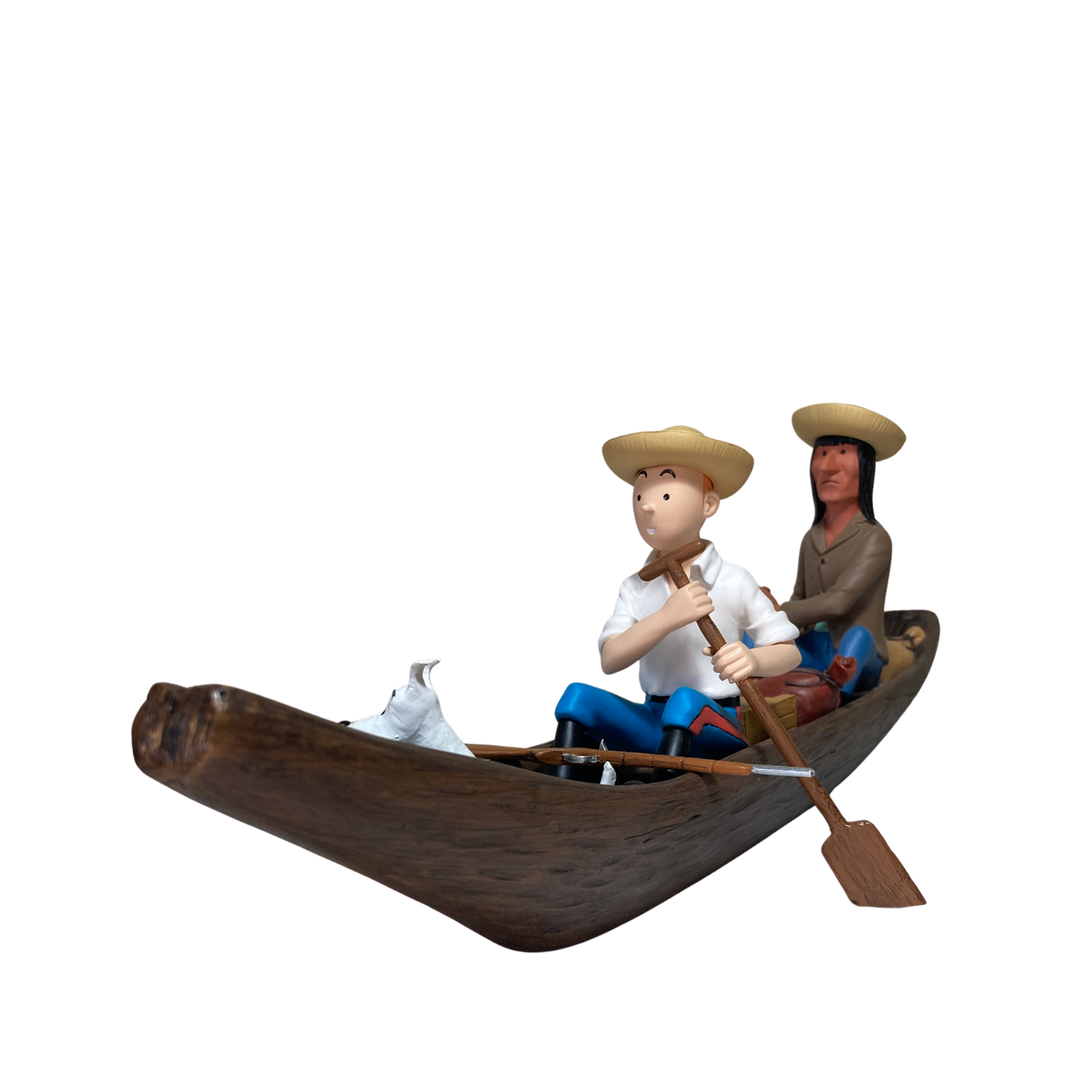 Pirogue en bois de la marque Espace714, vue de côté avec détails du bois et de la forme de la pirogue.