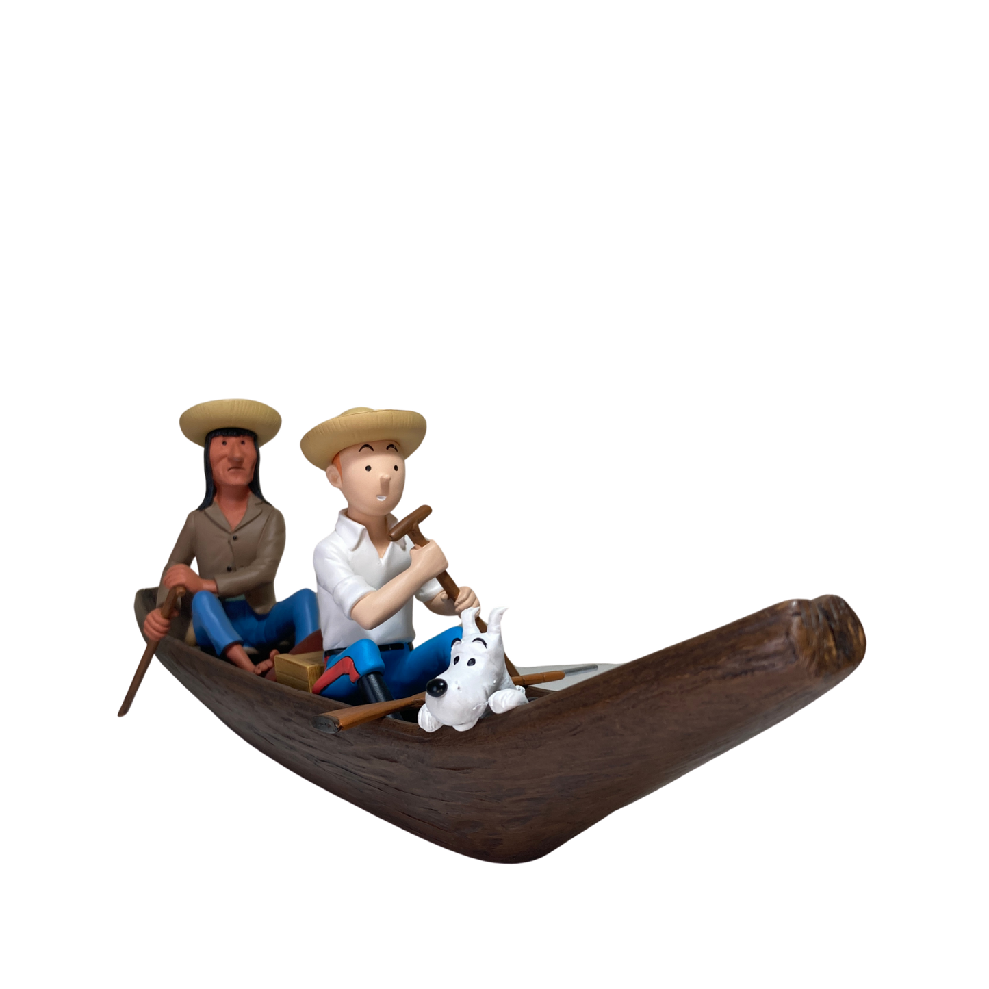 Pirogue en bois de la marque Espace714 flottant sur l'eau, avec des détails de finition artisanale visible.