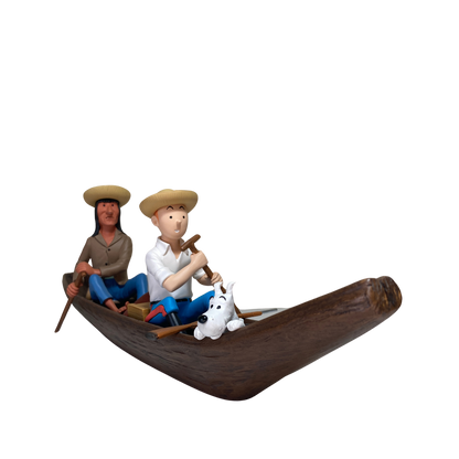 Pirogue en bois de la marque Espace714 flottant sur l'eau, avec des détails de finition artisanale visible.
